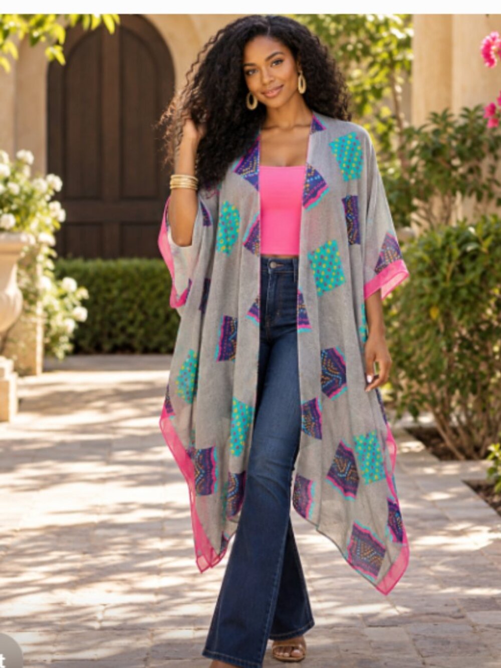 American Design Women’s NWT One Size Gray Multicolor Geometric Kimono Cover Up
